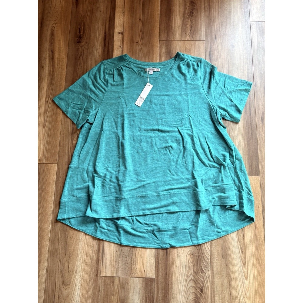 Chico's Shirt Sz 2 Or Large Women's Linen Tiered Swing Tee Top Tropical Jade NWT